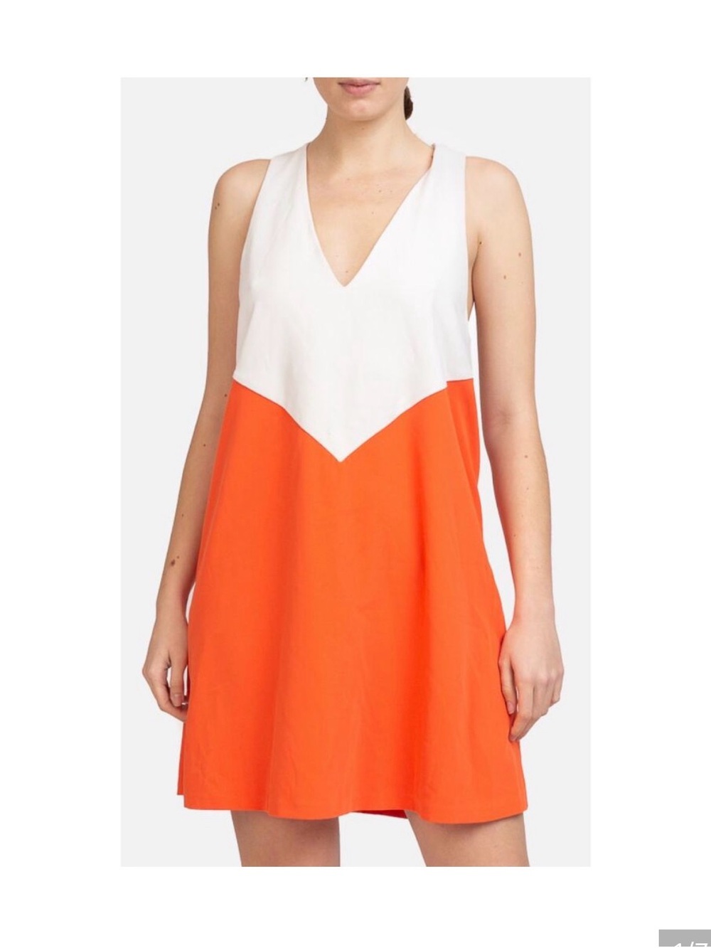 Alice + Olivia White and Orange Colorblock V-Neck Mini shift dress